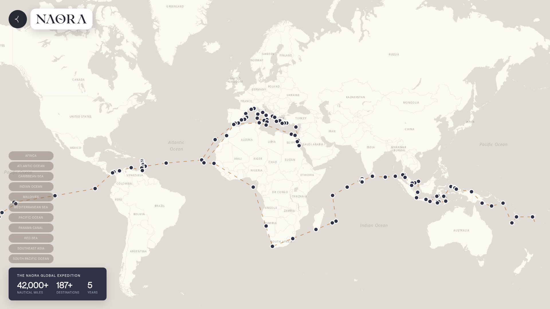 Map of the NAORA five-year global expedition route with anchorages across the Mediterranean, Atlantic, Caribbean, Pacific, Indonesia, Indian Ocean, Africa and Red Sea
