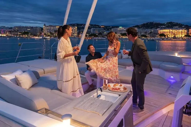 Fountaine Pajot Thira 80 catamaran sailing on open water with sleek modern profile